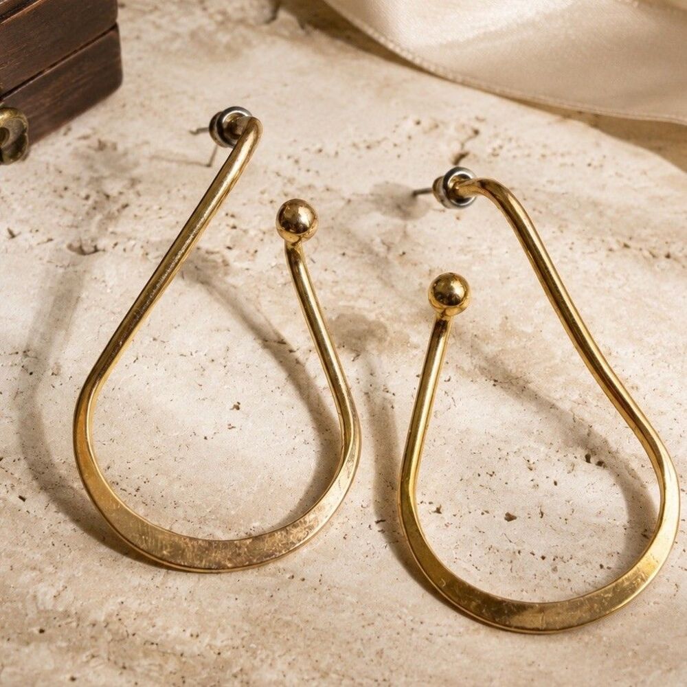 Vintage 1970s Gold Tone Teardrop Hoop Earrings 2” Statement Open Pierced Posts